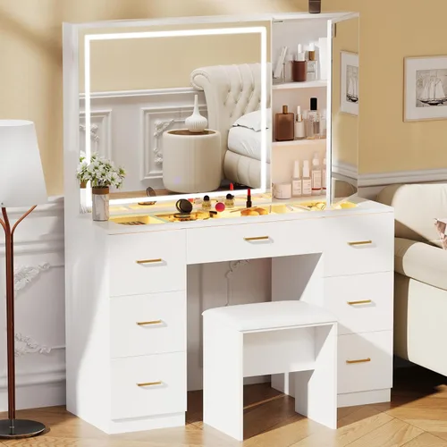 Vista 8 de Escritorio de tocador con espejo iluminado grande, tocador de maquillaje con parte superior de cristal, 7 cajones y brillo ajustable, mesa