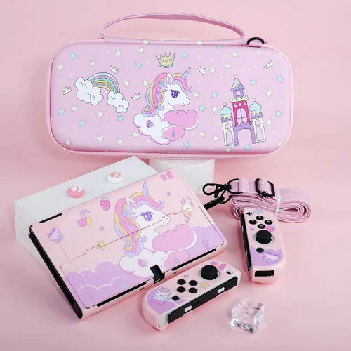 Vista 7 de RHOTALL Lindo juego de funda de transporte de unicornio para Nintendo Switch OLED, funda de almacenamiento rosa para Switch OLED y accesorios