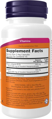 Vista 2 de NOW Suplementos, Niacina (Vitamina B-3) 250 mg, Sin Enrojecimiento, Salud Nutricional, 90 Cápsulas Vegetales