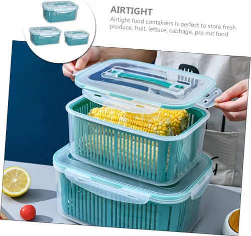 Vista 8 de 3 cajas de almacenamiento apilables para refrigerador con tapas a prueba de fugas y cestas de drenaje internas, escurridor multifuncional