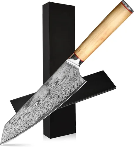 Vista 9 de Cuchillo Santoku de 8 pulgadas, cuchillo de cocina japonés profesional con acero de Damasco de 66 capas, borde afilado, mango ergonómico