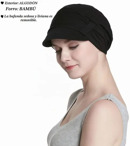Vista 2 de Alnorm Juego de gorro y pañuelo de algodón transpirable para quimioterapia para mujeres Negro Rosado