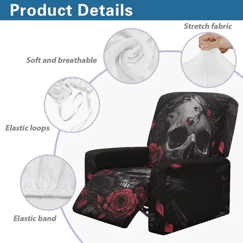 Vista 5 de FOR U DESIGNS Juego de 4 fundas de sofá elásticas de calavera gótica para reclinables, con bolsillos laterales, se adapta a sillas pequeñas