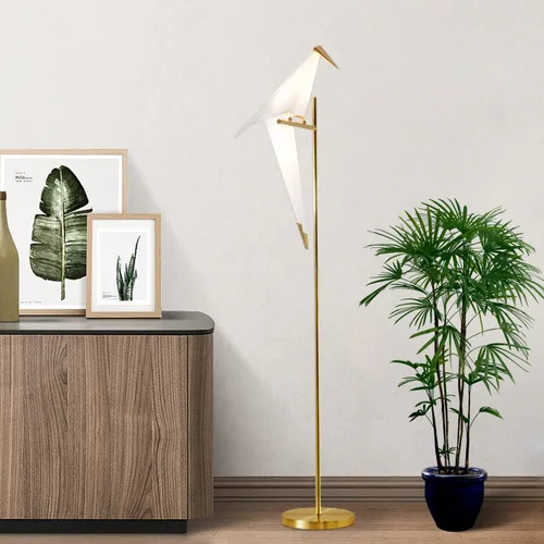 Vista 6 de Lámpara de pie moderna de 62 pulgadas con pájaros, lámpara de papel de grulla de origami, lámpara de pie dorada con pantalla de pájaros que se