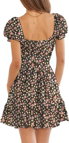 Vista 3 de Heysolo Mini vestido de verano para mujer, estilo bohemio, floral, fruncido, cuello cuadrado, manga corta, con volantes, para playa
