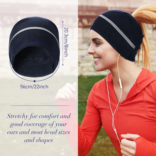 Vista 7 de Gorro reflectante de 3 piezas con forro polar para correr, cola de caballo para mujer, gorro de seguridad con cubiertas para las orejas para clima