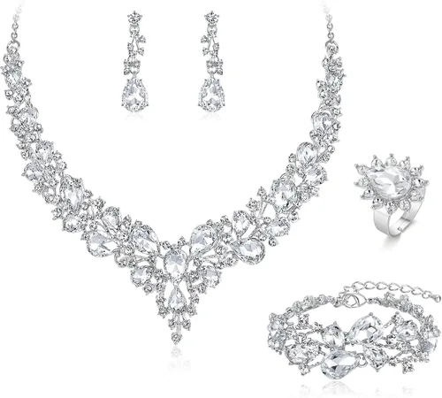 Vista 18 de BriLove - Juego de joyas de boda con cristales austriacos, collar, aretes y pulsera para mujer 01-Tono plateado transparente
