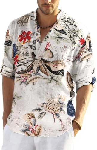Vista 21 de COOFANDY Camiseta Henley de algodón y lino para hombre, de manga larga, estilo hippie, casual, playera