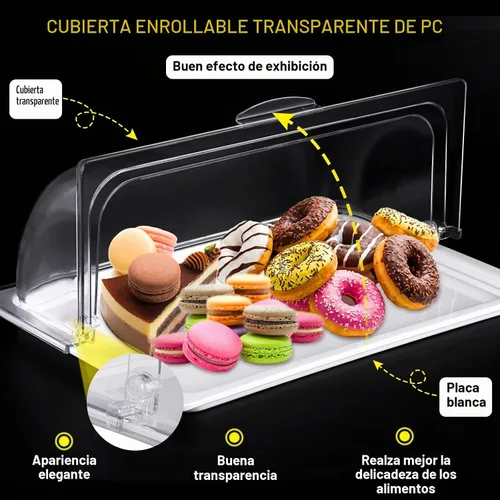 Vista 3 de Bandeja de exhibición para servir alimentos con cubierta superior transparente enrollable reutilizable para pasteles, pastelería, postres, bandeja