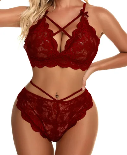 Vista 19 de Conjunto de lencería sexy de brasier y pantaletas con correas finas, de encaje