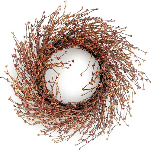 Vista 9 de Corona de otoño para puerta delantera, 24 pulgadas, hojas anchas rojas artificiales Baya Borgoña