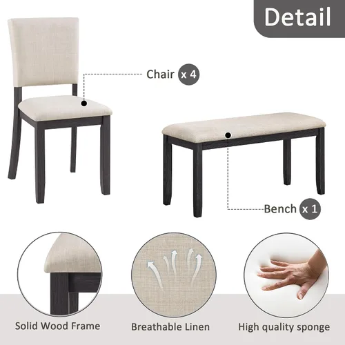 Vista 5 de Juego de mesa de comedor de 6 piezas con banco y 4 sillas Negro Beige-1