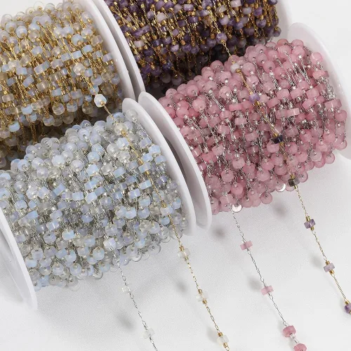 Vista 2 de GIOTEL Cadena de cuentas de piedra natural de acero inoxidable de 3.3 ft para pulseras hechas a mano, collares, collares, materiales de fabricación