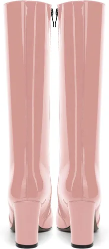 Vista 25 de AMBELIGHT Botas altas hasta la rodilla con cremallera y puntera puntiaguda para mujer, de patente sólida, tacón alto, 3.3 pulgadas