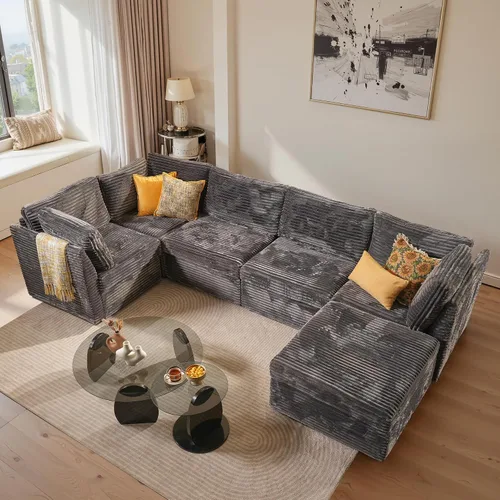 Vista 53 de Ovios - Sofá modular con diván en forma de U y otomanas, cómodo y mullido, tapizado en pana estilo nube, moderno, asiento profundo, juego de sofás