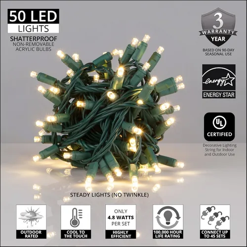Vista 2 de Wintergreen Lighting 50 bombillas LED de Navidad de luz blanca cálida, 5,2 m de cable verde para interiores y exteriores, grado comercial, mini