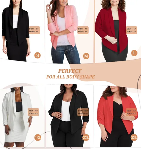 Vista 5 de Hybrid & Company Lightweight Open Front Cardigan Classic Ruched Sleeve Work Office Blazer Suit Jackets