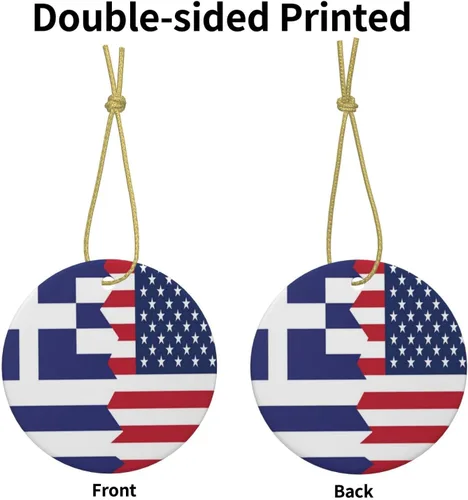 Vista 2 de Bandera griega de Estados Unidos, adornos de cerámica para colgar, adorno colgante de Navidad personalizado para decoración del hogar