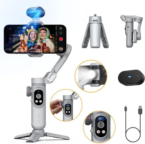 Vista 10 de AOCHUAN Estabilizador de cardán para iPhone Gimbal con carga inalámbrica Smartphone para iPhone 15 Pro Max/Android plegable de 3 ejes Estabilizador