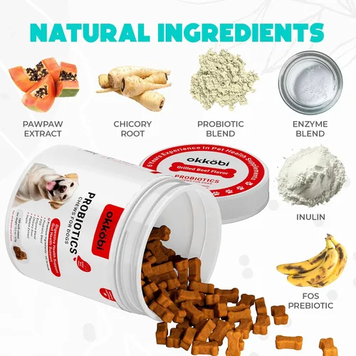 Vista 3 de Probióticos masticables para perros, 150 unidades, masticables probióticos para perros con enzimas e ingredientes naturales, apoyo para la salud