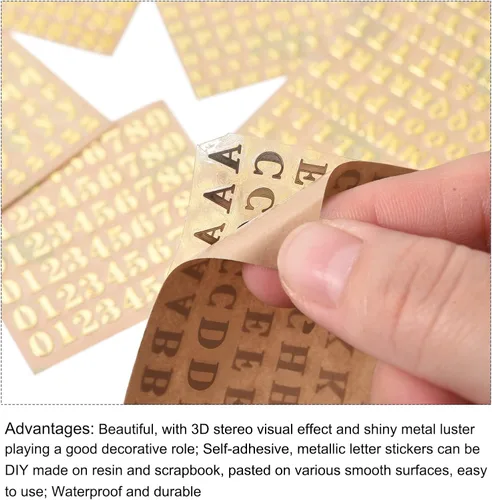 Vista 3 de MECCANIXITY 4 hojas de calcomanías de resina con letras pequeñas 3D de la A a la Z, color dorado, mini calcomanías del alfabeto, aleación metálica