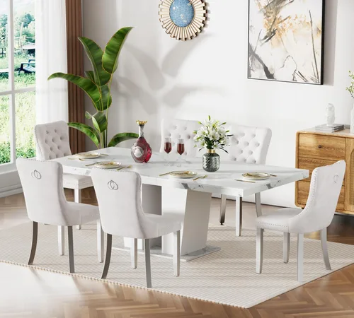 Vista 30 de Juego de mesa de comedor extensible de 63 a 79 pulgadas para 4, moderna mesa de cocina expandible con 4 sillas de terciopelo, mesa de madera gruesa