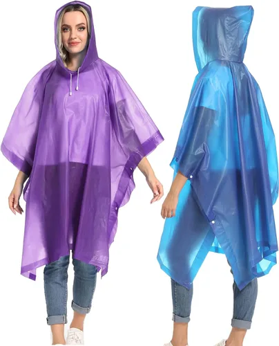 Vista 60 de Ponchos de lluvia reutilizables con capucha con cordón para adultos, abrigo de lluvia grueso impermeable, 2 paquetes