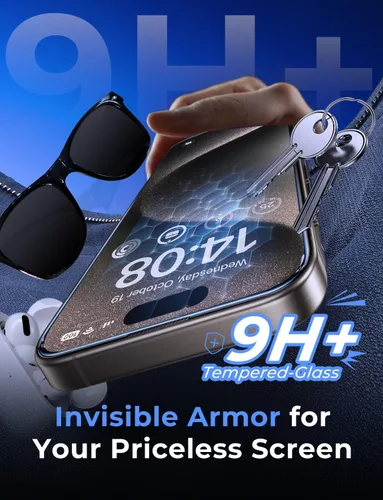 Vista 4 de MAGIC JOHN Paquete de 2 protectores de pantalla de vidrio templado para iPhone 15 Pro Max de 6.7 pulgadas, instalación automática de eliminación