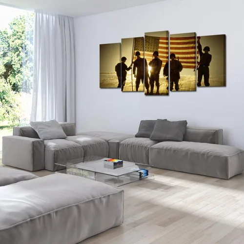 Vista 4 de KREATIVE ARTS - 5 paneles de silueta de soldados con bandera estadounidense, lienzo impreso de arte de pared, arte de pared vintage de las fuerzas