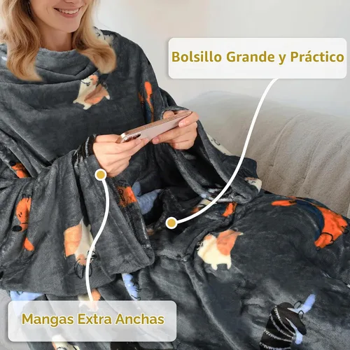 Vista 4 de Catalonia Manta con mangas para mujeres y hombres, manta de forro polar Perro gris