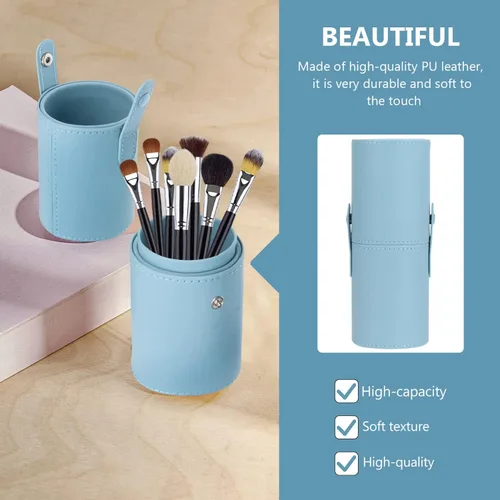 Vista 2 de FOMIYES Soporte para brochas de maquillaje con tapa, estuche de viaje para brochas de viaje, bolsa de piel sintética, organizador de cosméticos