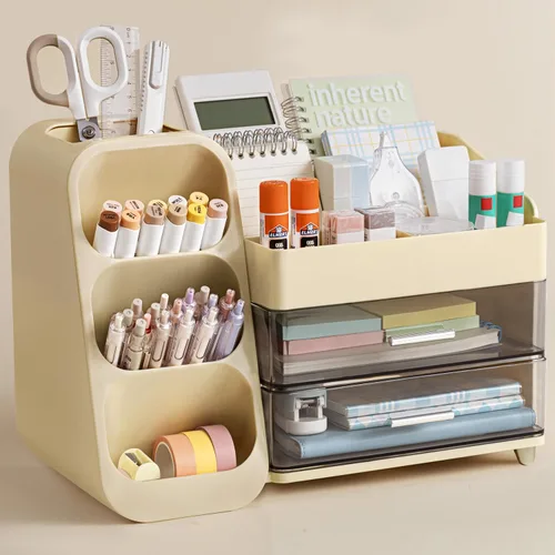 Vista 8 de HBlife Organizador de escritorio con soporte para lápices para escritorio, organizador de bolígrafos con 2 cajones, organizadores de escritorio