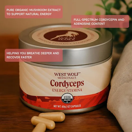 Vista 3 de Cordyceps Cápsulas de alta potencia 30% beta-glucanos 120 cápsulas veganas 60 porciones Apoya la vitalidad y resistencia Certificado
