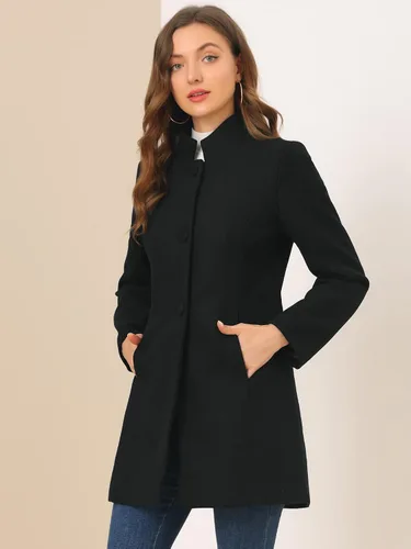 Vista 4 de Allegra K Abrigo de invierno para mujer, abrigo de lana con un solo botonadura y cuello alto medio largo