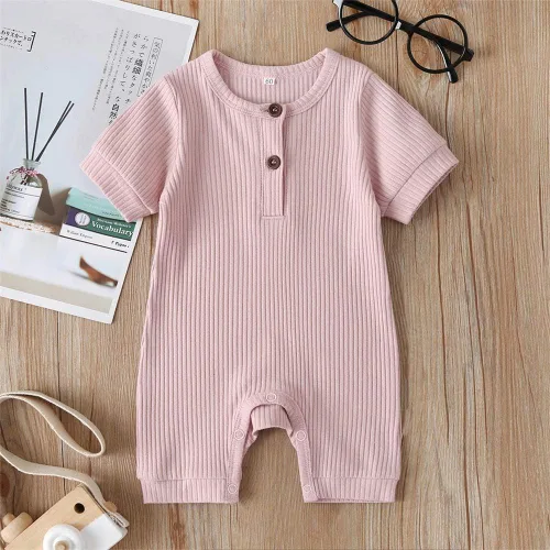 Vista 47 de Mameluco unisex de manga corta para bebé recién nacido, con botones, de una pieza, ropa de color sólido