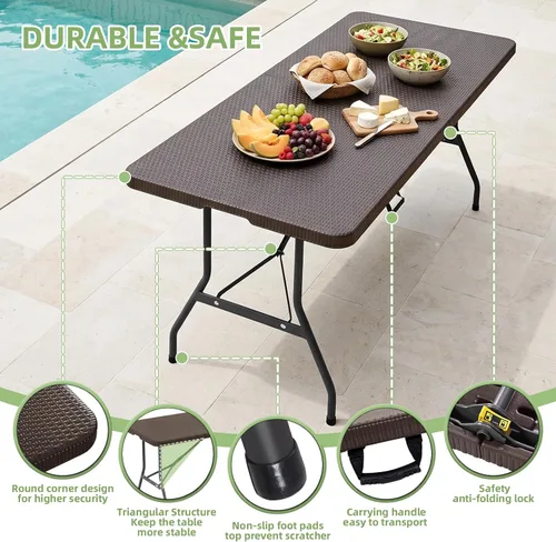 Vista 4 de 6FT Folding Table Portable Picnic Table Heavy-Duty Fold-in-Half Utility 6 Foot Foldtable Table with Carry Handle for Outdoor Indoor Party, Dining