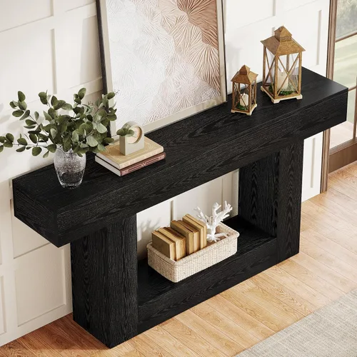 Vista 8 de Tribesigns Mesa consola de 63 pulgadas de largo, mesa de entrada de 2 niveles con almacenamiento, mesa de madera de granja detrás del sofá para sala