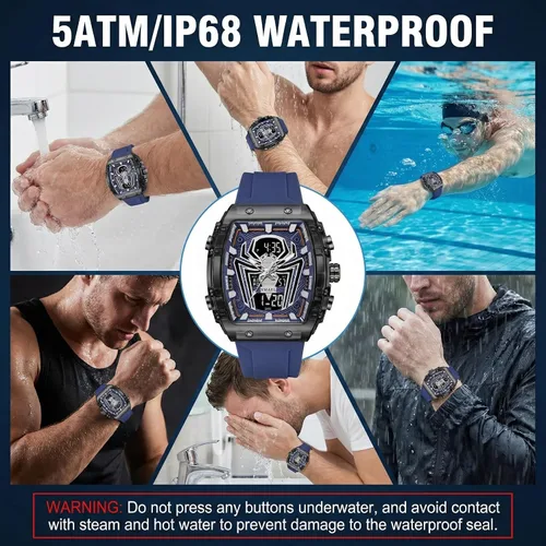 Vista 6 de SMAEL Watches for Men Unique Square Blue Wristwatch with Digital Analog Dual Time Display Countdown Stopwatch Punk Cool Design 5ATM Waterproof 8116