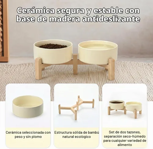 Vista 6 de SPUNKYJUNKY Cuencos Elevados para Perros de Cerámica, 5.1'' Cuencos de Comida y Agua para Perros y Gatos Elevados con Soporte de Bambú Beige