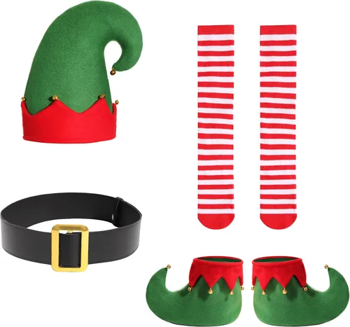Vista 3 de Disfraz de elfo de Navidad para niñas, disfraz de ayudante de Papá Noel con sombrero de elfo, medias de Navidad