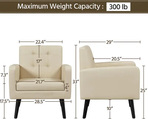 Vista 3 de Yaheetech - Sillas de acento de mediados de siglo, silla moderna tapizada de piel sintética para sala de estar, sillón acogedor con respaldo
