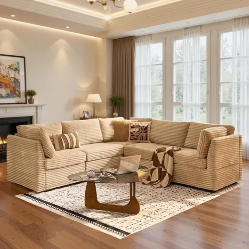Vista 11 de Ovios - Sofá modular con diván en forma de U y otomanas, cómodo y mullido, tapizado en pana estilo nube, moderno, asiento profundo, juego de sofás