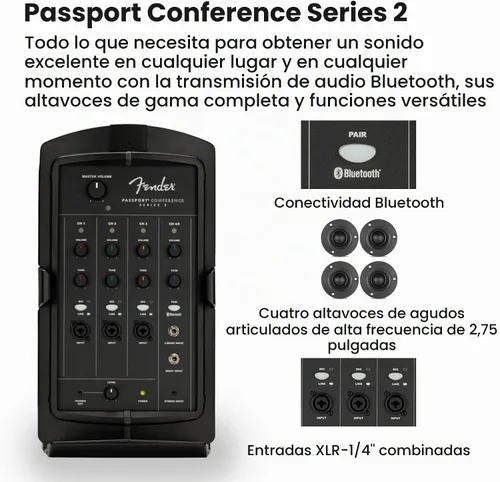 Vista 3 de Fender Paquete de sistema PA portátil Passport Conference S2 con kit de micrófono, soportes de altavoz compactos y cable de instrumento