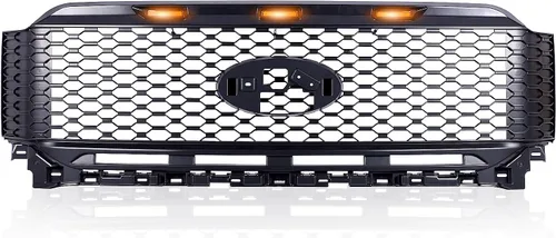 Vista 6 de Rejilla de malla negra mate de repuesto para parrilla delantera compatible con Ford F 150 2021-2022 con 3 luces LED ámbar
