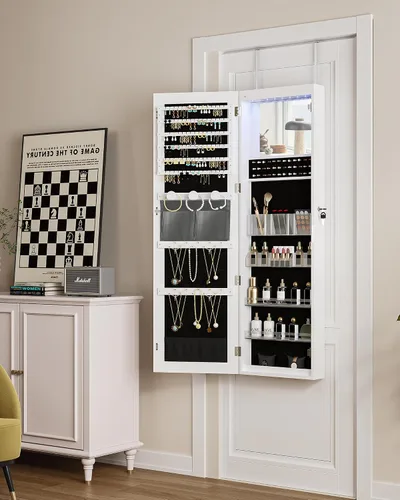 Vista 3 de Hzuaneri Armario de joyería de 8 LED, 42.7 pulgadas de alto, sin marco, organizador de joyas de espejo sin marco, con cerradura, montaje