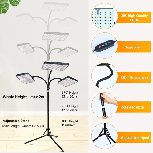 Vista 6 de FECiDA Luces de cultivo de 3 cabezales 2026 con soporte mejorado, luces de crecimiento de gran cobertura para plantas grandes de interior, árbol