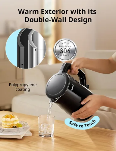 Vista 2 de Hervidor eléctrico y tetera de COMFEE', 1.5L de doble pared, interior de acero inoxidable, tapa y pico, hervido rápido, apagado automático y Negro