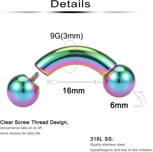Vista 2 de Ftovosyo Anillos PA de acero quirúrgico 316L con rosca interna, curvado, para mujeres y hombres, calibre de oreja CR 2G, 4G, 6G, 8G, 0.472in
