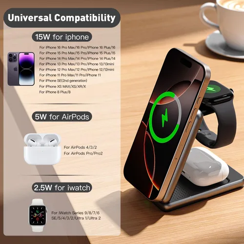 Vista 3 de Cargador inalámbrico magnético 3 en 1, estación de carga plegable, base de inducción electromagnética, compatible con MagSafe, compatible con iPhone