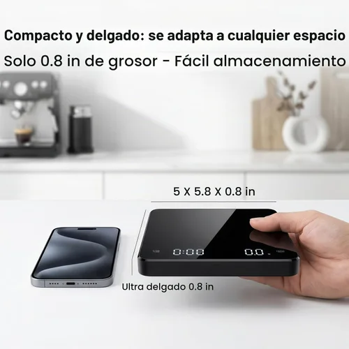 Vista 3 de Partyreal Báscula digital de café de cocina, báscula delgada con tara, unidades g/oz/ml, pantalla retroiluminada, recargable USB-C (cable incluido)